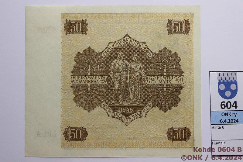 k-0604-b.jpg - Kohde 604 (kuva 2/2), lhthinta: 30 € / myyntihinta: 32 € 50 mk 1945 LA SNY 169.2.1 C1212255 RAI-Wah, laatta II, kevyt kulmataite, kunto: 8