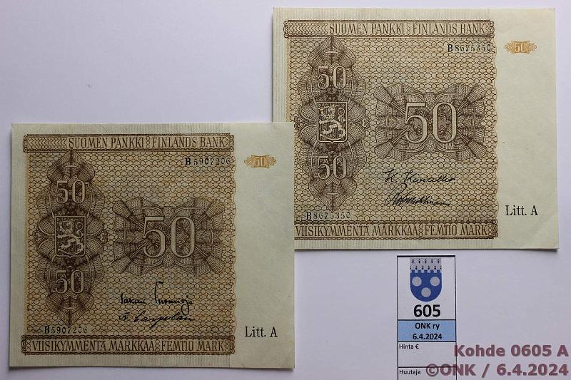 k-0605-a.jpg - Kohde 605 (kuva 1/2), lhthinta: 50 € / myyntihinta: 50 € 50 mk 1945 LA (2) SNY 169.2.1 B..KIV-Wah, TUO-Car, laatta II, ei lpisetelin taitteita, kunto: 7, 8