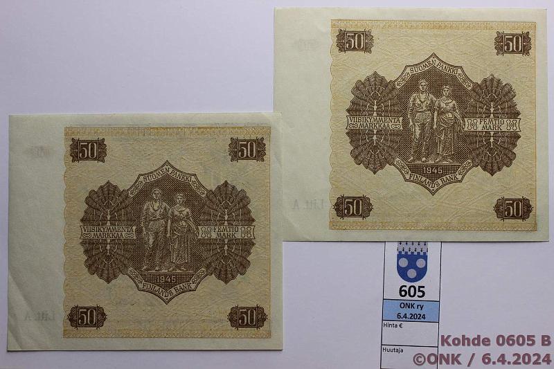 k-0605-b.jpg - Kohde 605 (kuva 2/2), lhthinta: 50 € / myyntihinta: 50 € 50 mk 1945 LA (2) SNY 169.2.1 B..KIV-Wah, TUO-Car, laatta II, ei lpisetelin taitteita, kunto: 7, 8