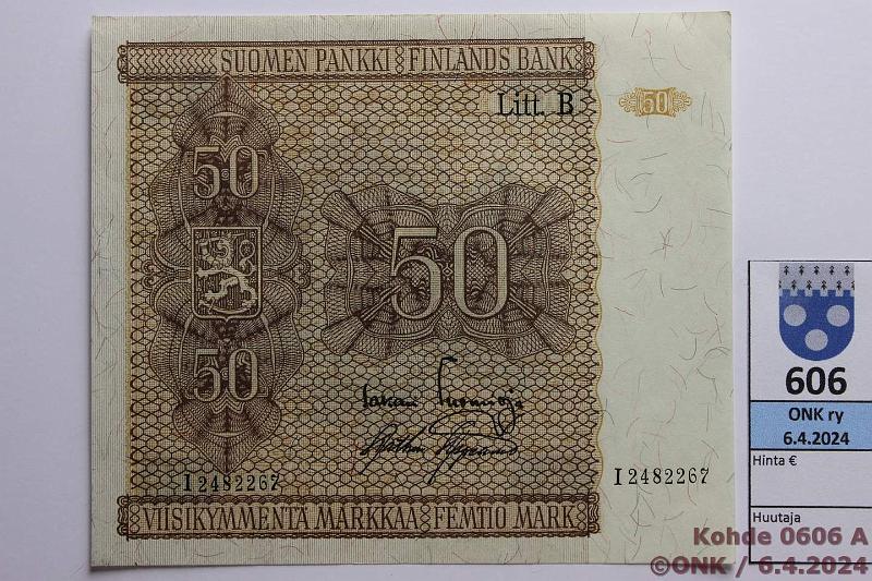 k-0606-a.jpg - Kohde 606 (kuva 1/2), lhthinta: 20 € / myyntihinta: 20 € 50 mk 1945 LB SNY 169.4.1 I2482267 TUO-AAs, laatta IV, kulmissa painaumia, ei lpisetelin taitteita, kunto: 8