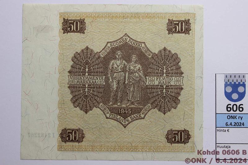 k-0606-b.jpg - Kohde 606 (kuva 2/2), lhthinta: 20 € / myyntihinta: 20 € 50 mk 1945 LB SNY 169.4.1 I2482267 TUO-AAs, laatta IV, kulmissa painaumia, ei lpisetelin taitteita, kunto: 8