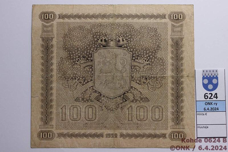 k-0624-b.jpg - Kohde 624 (kuva 2/2), lhthinta: 10 € / myyntihinta: 16 € 100 mk 1922 LC SNY 178.4.1 D0243824 HEU-OAs, pkeskireik, rep 10mm, napakka paperi, kunto: 3