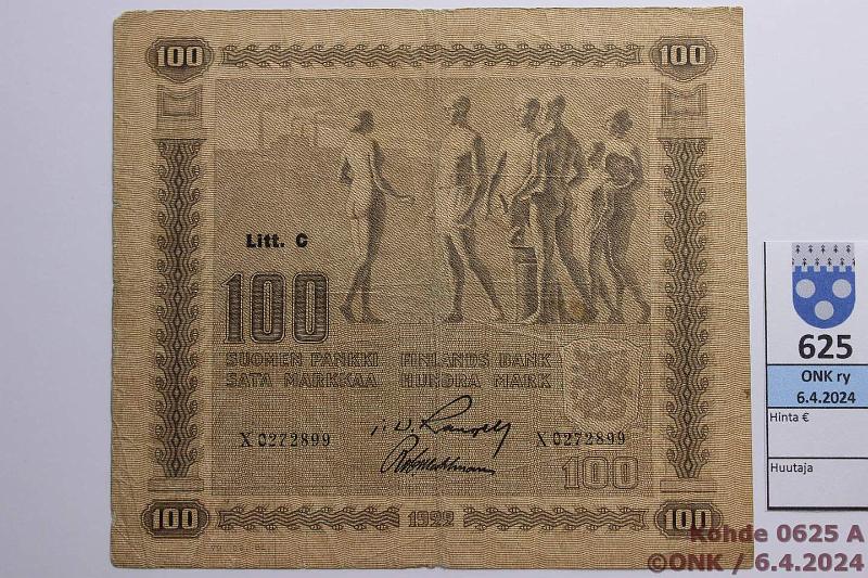 k-0625-a.jpg - Kohde 625, lhthinta: 10 € / myyntihinta: 10 € 100 mk 1922 LC SNY 178.4.1 X0272899 RAN-Wah, prep, vas ylkulmassa pieni puutos, kunto: 3