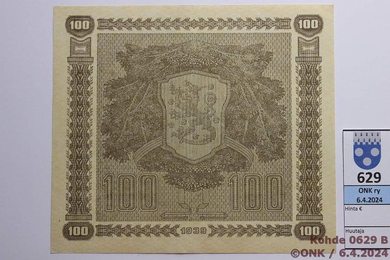 k-0629-b.jpg - Kohde 629 (kuva 2/2), lhthinta: 25 € / myyntihinta: 44 € 100 mk 1939 LD SNY 179.2 C3259874 RAN-Wah, vl 2, kunto: 7