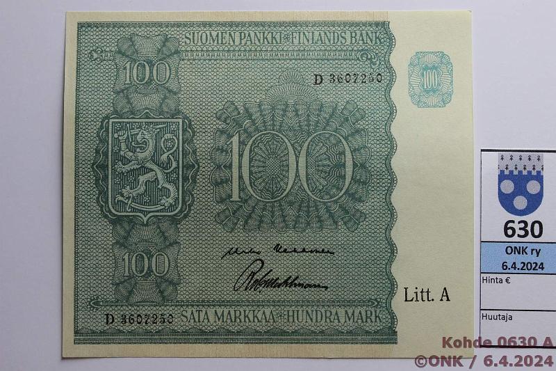 k-0630-a.jpg - Kohde 630 (kuva 1/2), lhthinta: 25 € / myyntihinta: 25 € 100 mk 1945 LA SNY 180.1.1 D3607250 KEK-Wah, kunto: 8