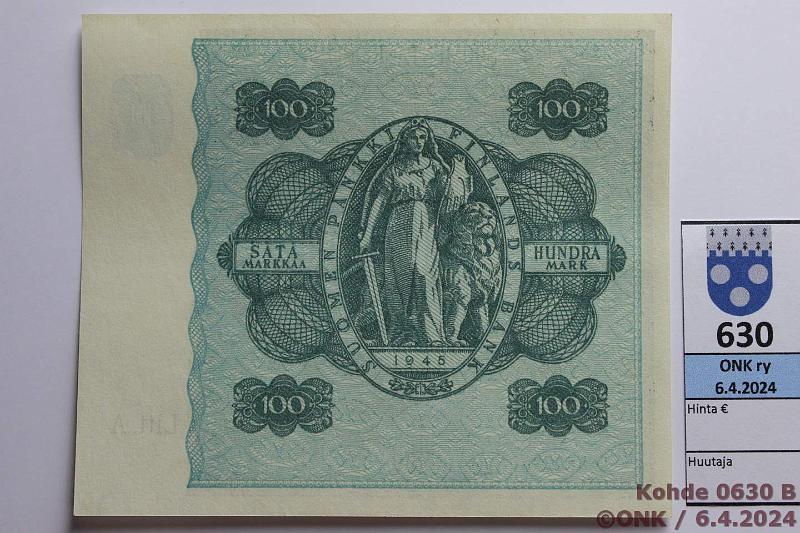 k-0630-b.jpg - Kohde 630 (kuva 2/2), lhthinta: 25 € / myyntihinta: 25 € 100 mk 1945 LA SNY 180.1.1 D3607250 KEK-Wah, kunto: 8