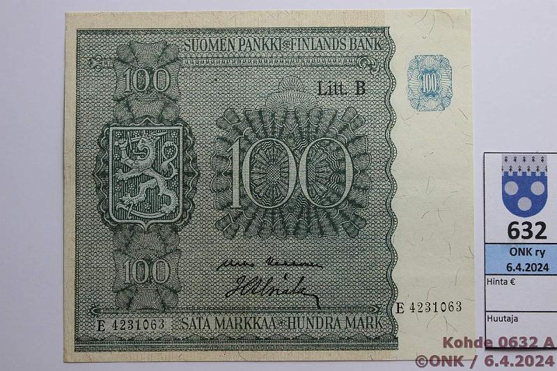 k-0632-a.jpg - Kohde 632 (kuva 1/2), lhthinta: 10 € / myyntihinta: 16 € 100 mk 1945 LB SNY 180.2.1 E4231063 KEK-Als, lhes nkymtn ristitaitos, kunto: 6