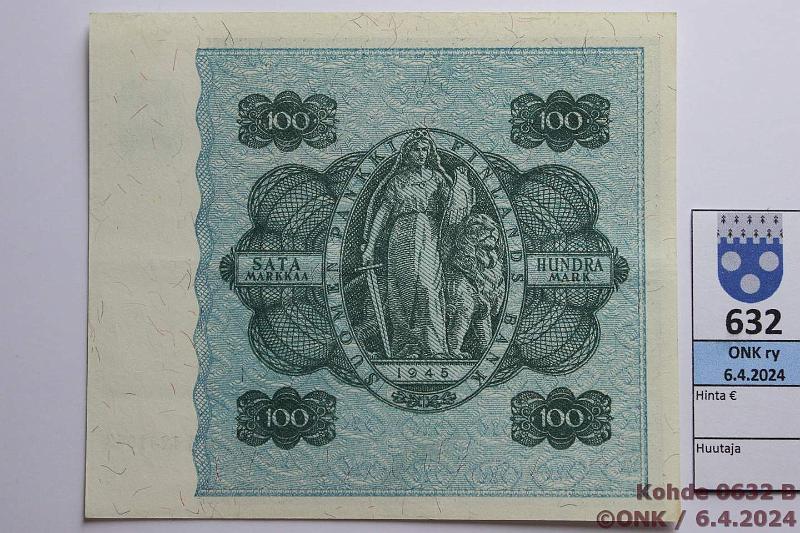 k-0632-b.jpg - Kohde 632 (kuva 2/2), lhthinta: 10 € / myyntihinta: 16 € 100 mk 1945 LB SNY 180.2.1 E4231063 KEK-Als, lhes nkymtn ristitaitos, kunto: 6