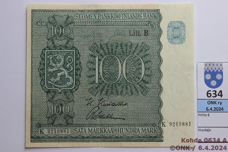 k-0634-a.jpg - Kohde 634 (kuva 1/2), lhthinta: 25 € / myyntihinta: 26 € 100 mk 1945 LB SNY 180.2.1 K9216881 KIV-Wah, kunto: 8