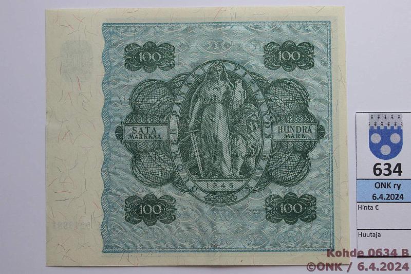 k-0634-b.jpg - Kohde 634 (kuva 2/2), lhthinta: 25 € / myyntihinta: 26 € 100 mk 1945 LB SNY 180.2.1 K9216881 KIV-Wah, kunto: 8