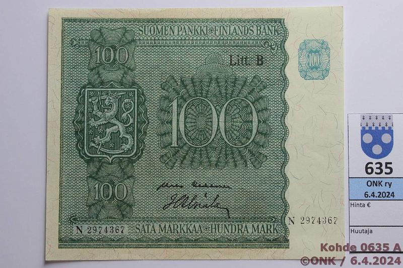 k-0635-a.jpg - Kohde 635, lhthinta: 25 € / myyntihinta: 26 € 100 mk 1945 LB SNY 180.2.1 N2974367 KEK-Als, ei lpisetelin taitteita, kunto: 8