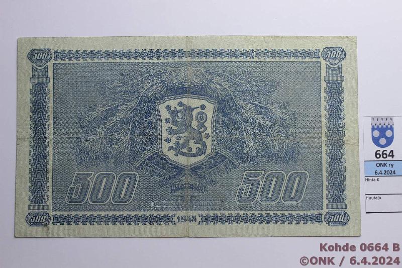 k-0664-b.jpg - Kohde 664 (kuva 2/2), lhthinta: 30 € / myyntihinta: 32 € 500 mk 1945 LB SNY 190.2 E8285599 FIE-AAs, harv ak-pari (v), kunto: 4