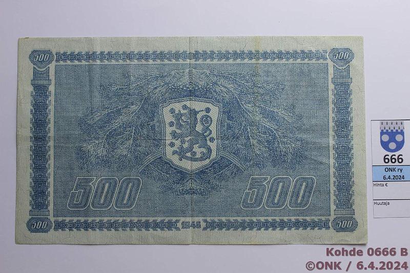 k-0666-b.jpg - Kohde 666 (kuva 2/2), lhthinta: 35 € / myyntihinta: 35 € 500 mk 1945 LB SNY 190.2 C6895146 JUT-Kil, harv ak-pari (v), neulanreiki, kunto: 4