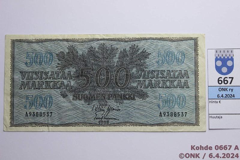 k-0667-a.jpg - Kohde 667 (kuva 1/2), lhthinta: 50 € / myyntihinta: 60 € 500 mk 1955 SNY 191.1.1 A9388537 WAR-Lei, tahroja, kunto: 4