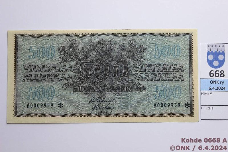 k-0668-a.jpg - Kohde 668 (kuva 1/2), lhthinta: 500 € / ei tarjouksia 500 mk 1955 A* SNY 191.2 A0009959* FIE-Eng, kevyt keskitaitos ja painumia, korvaava, kunto: 7