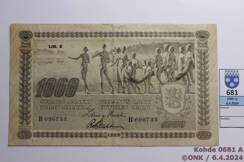 k-0681-a.jpg - Kohde 681 (kuva 1/2), lhthinta: 40 € / ei tarjouksia 1000 mk 1922 LC t1 SNY 197.3.1 B696733 HEU-Wah, kaksi reik, tahroja, kunto: 3