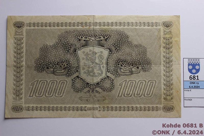 k-0681-b.jpg - Kohde 681 (kuva 2/2), lhthinta: 40 € / ei tarjouksia 1000 mk 1922 LC t1 SNY 197.3.1 B696733 HEU-Wah, kaksi reik, tahroja, kunto: 3