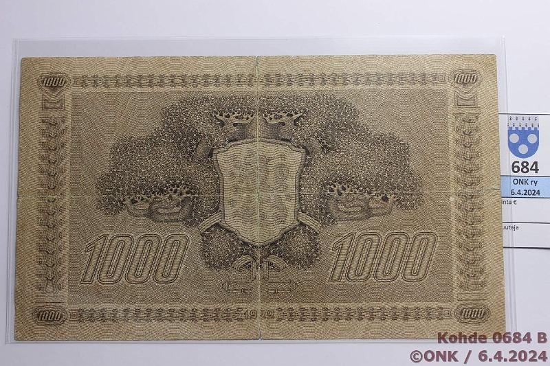 k-0684-b.jpg - Kohde 684 (kuva 2/2), lhthinta: 30 € / ei tarjouksia 1000 mk 1922 LC t2 SNY 197.3.2 E778134 HEU-Wah, keskireik, prep taitteissa, kunto: 3