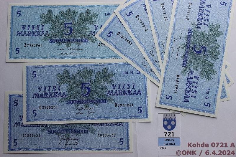 k-0721-a.jpg - Kohde 721, lhthinta: 10 € / myyntihinta: 13 € 5 mk 1963 (7) LA A..KU I-Ign, harv ak-pari (v); LB sarjat Z, O, Q(4), kunto: 9