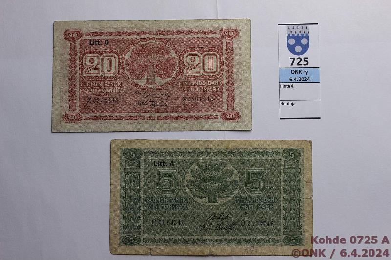 k-0725-a.jpg - Kohde 725, lhthinta: 5 € / myyntihinta: 6 € 5 + 20 mk 1922 5mk LA O..RYT-The; 20mk LC Z..JUT-AAs, harv ak-pari (v), kunto: 2, 3