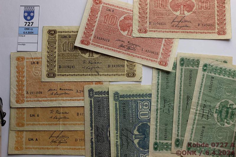 k-0727-a.jpg - Kohde 727, lhthinta: 20 € / myyntihinta: 20 € 5 - 20 mk 1939-45 (11) 5mk-39 D..KIV-Wah, B..RAN-Car, D..RAN-Wah, -45 LA D..RAI-AAs, B..KIV-Car, LB KEK-Car; 10mk-39 D..KIV-Car, -45 LB F..RAI-Car, I..KEK-AAs. 20mk-45 LB L..JUT-AAs, U..RAI-Car, kunto: 3-6