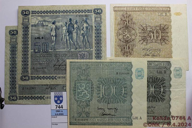 k-0744-a.jpg - Kohde 744, lhthinta: 60 € / myyntihinta: 60 € 50 + 100 mk 1939-45 (9) 50mk -39 LD A..HEU-AAs, niitinreik; C..RAI-Als, takana hiukan likaa, -45 LB G..JUT-Aas; 100mk -39 LD A..KIV-Car, A..JUT-Car; -45 LA B..TUO-Wah, LB AM..KIV-AAs; -55 O..FIE-AAs; -57 AK..SIM-Eng, kunto: 4-6