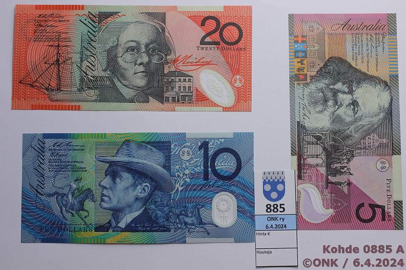 k-0885-a.jpg - Kohde 885 (kuva 1/2), lhthinta: 18 € / myyntihinta: 27 € Australia 5, 10, 20 $ 1993-2001 P#52a, 53b, 56a 5$-01, 10$-93, 20$-98, polymeerisetelit, kunto: 7-9