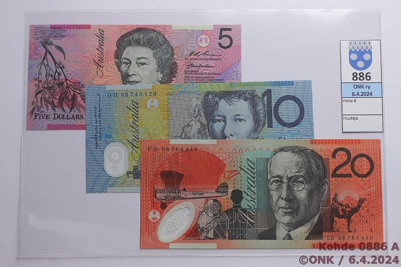 k-0886-a.jpg - Kohde 886 (kuva 1/2), lhthinta: 15 € / myyntihinta: 32 € Australia 5, 10, 20 $ 1997, -98 P#51c, 52b, 53b 5$-97, 10+20$-98, polymeerisetelit, kunto: 9, 5, 5