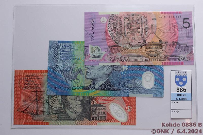 k-0886-b.jpg - Kohde 886 (kuva 2/2), lhthinta: 15 € / myyntihinta: 32 € Australia 5, 10, 20 $ 1997, -98 P#51c, 52b, 53b 5$-97, 10+20$-98, polymeerisetelit, kunto: 9, 5, 5