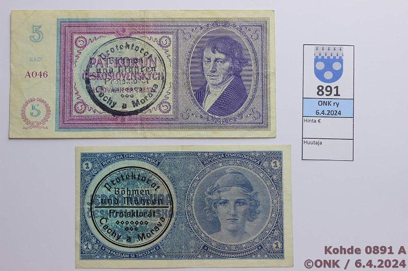 k-0891-a.jpg - Kohde 891 (kuva 1/2), lhthinta: 10 € / myyntihinta: 19 € Bmi ja Mri (Bohemia & Moravia) 1 + 5 kr ND (1939) P#1b, 2a 5 korunassa ksileima, kunto: 5, 4