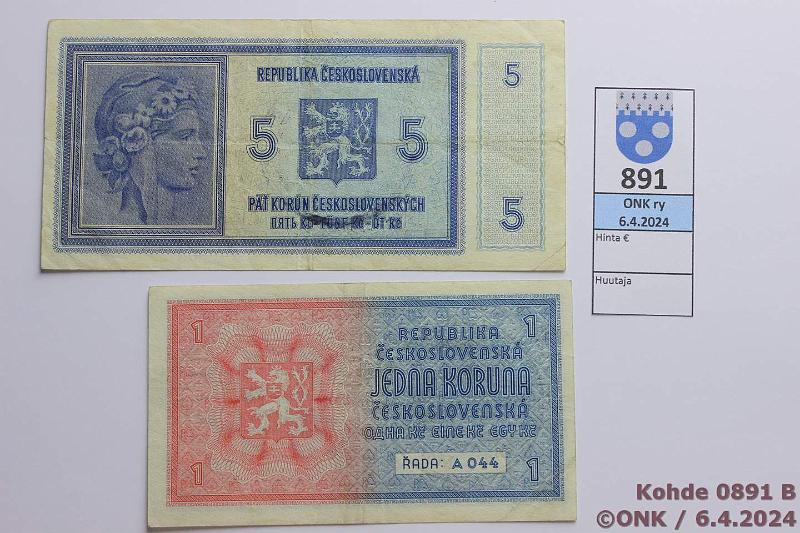 k-0891-b.jpg - Kohde 891 (kuva 2/2), lhthinta: 10 € / myyntihinta: 19 € Bmi ja Mri (Bohemia & Moravia) 1 + 5 kr ND (1939) P#1b, 2a 5 korunassa ksileima, kunto: 5, 4