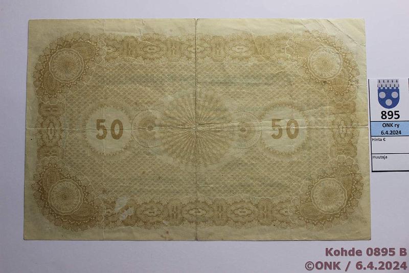 k-0895-b.jpg - Kohde 895 (kuva 2/2), lhthinta: 20 € / myyntihinta: 37 € Eesti 50 marka 1919 P#8 Treasury bill, Seeria B, rep, ohentumia, kunto: 4