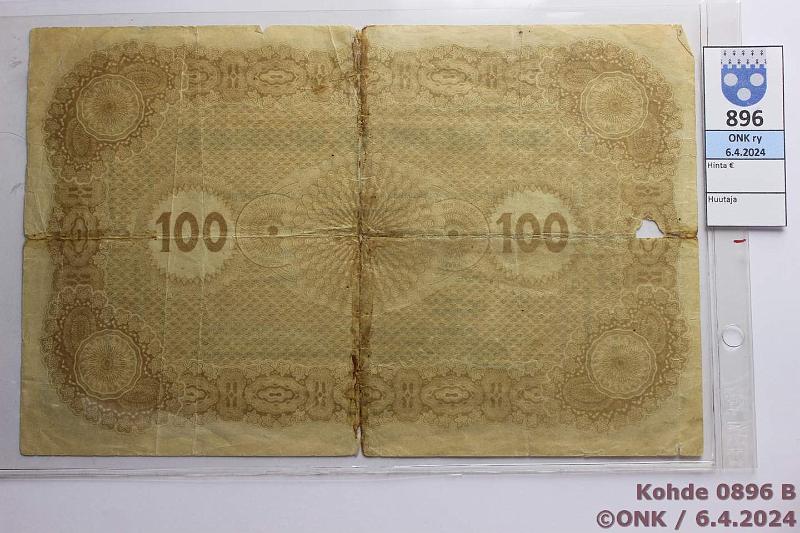 k-0896-b.jpg - Kohde 896 (kuva 2/2), lhthinta: 10 € / myyntihinta: 10 € Eesti 100 marka 1919 P#9A Treasury bill, Seeria B, rep, puutoksia, kunto: 3