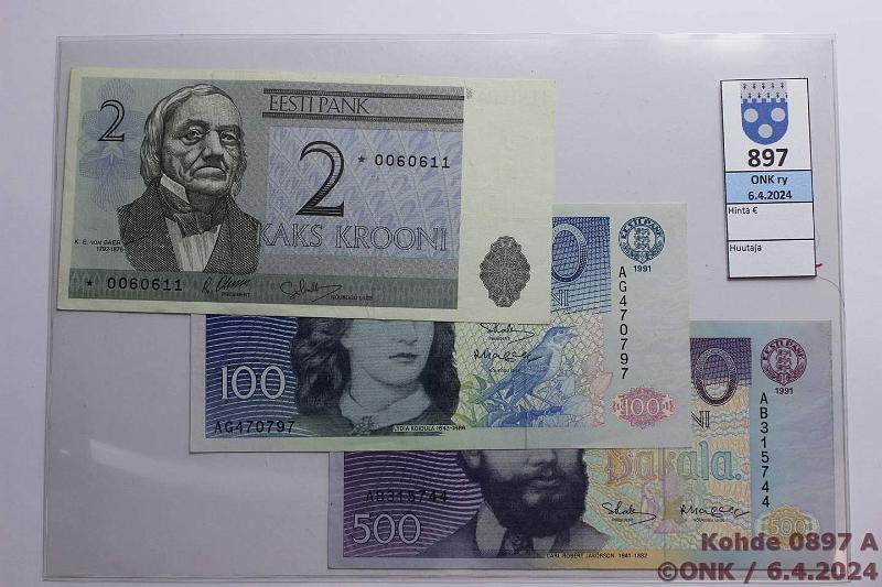 k-0897-a.jpg - Kohde 897 (kuva 1/2), lhthinta: 50 € / myyntihinta: 50 € Eesti 2, 100, 500 kr 1991-92 P#70r, 74, 75 2 kr 1992 korvaava *0060611, kunto: 8, 8, 7