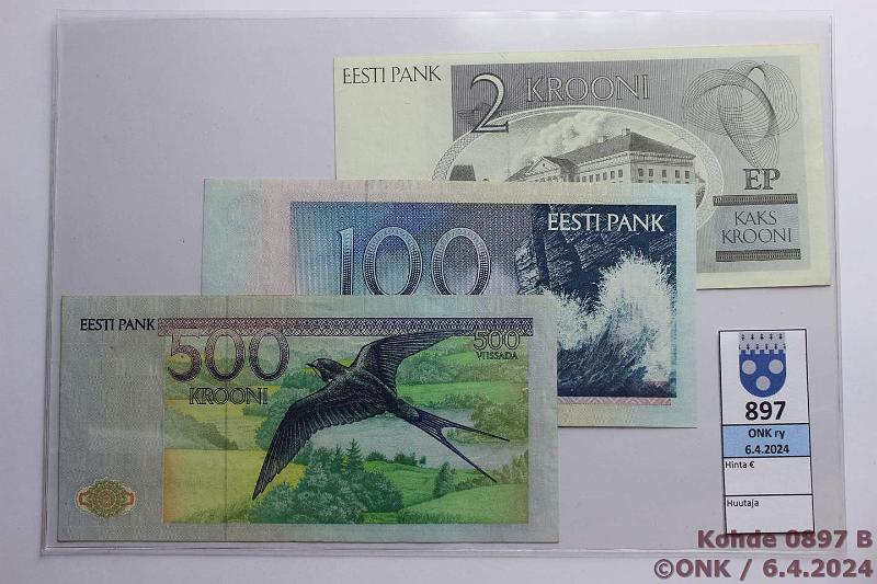 k-0897-b.jpg - Kohde 897 (kuva 2/2), lhthinta: 50 € / myyntihinta: 50 € Eesti 2, 100, 500 kr 1991-92 P#70r, 74, 75 2 kr 1992 korvaava *0060611, kunto: 8, 8, 7