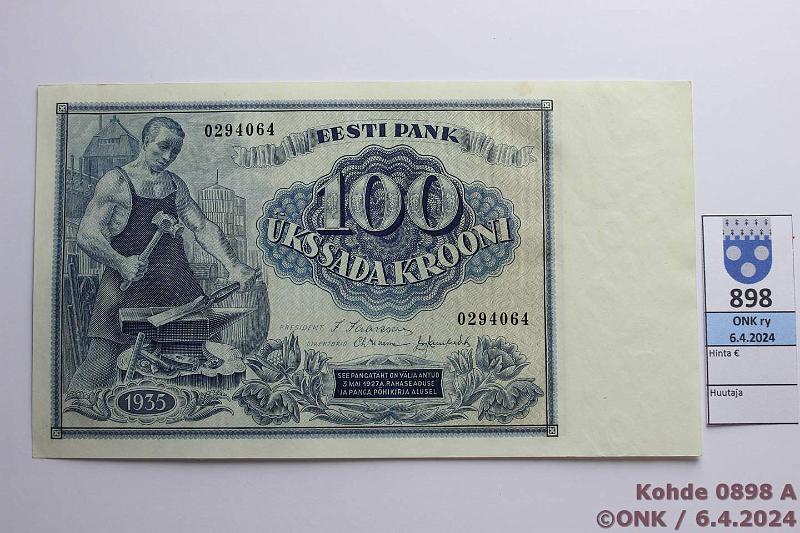 k-0898-a.jpg - Kohde 898 (kuva 1/2), lhthinta: 85 € / myyntihinta: 155 € Eesti 100 krooni 1935 P#66 Ptahra, kunto: 9