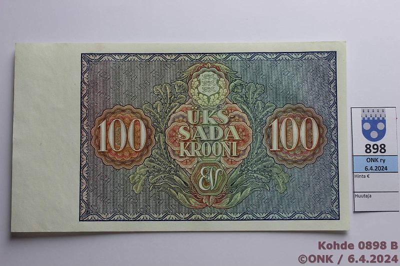 k-0898-b.jpg - Kohde 898 (kuva 2/2), lhthinta: 85 € / myyntihinta: 155 € Eesti 100 krooni 1935 P#66 Ptahra, kunto: 9