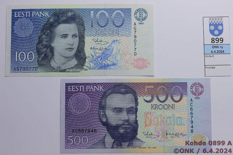 k-0899-a.jpg - Kohde 899 (kuva 1/2), lhthinta: 50 € / myyntihinta: 78 € Eesti 100 + 500 kr 1991 P#74, 75, kunto: 9, 8