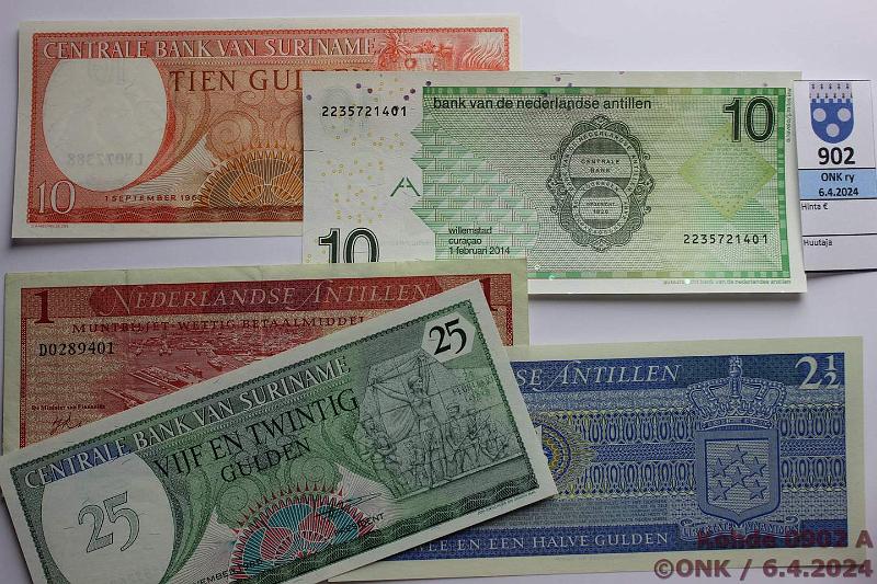 k-0902-a.jpg - Kohde 902, lhthinta: 10 € / myyntihinta: 10 € Hollannin Antillit + Suriname 1-25 gulden (5) 1963-2014 Antillit 1g 1970(kl 5), 2g-79, 10g 2014; Suriname 10g 1963, 25g-85, kunto: 5, 10