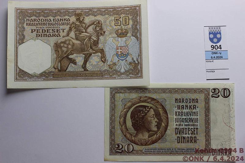 k-0904-b.jpg - Kohde 904 (kuva 2/2), lhthinta: 30 € / ei tarjouksia Jugoslavia 50 + 20 dinara 1931, -36 P#28, 30 50d likaa reunassa, kunto: 8