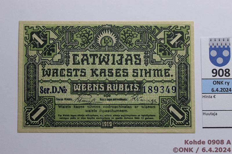 k-0908-a.jpg - Kohde 908 (kuva 1/2), lhthinta: 35 € / myyntihinta: 47 € Latvia 1 rublis 1919 P#2a Ser.D Purins-Vanags, kunto: 9