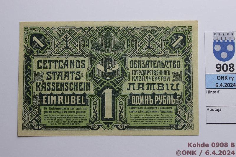 k-0908-b.jpg - Kohde 908 (kuva 2/2), lhthinta: 35 € / myyntihinta: 47 € Latvia 1 rublis 1919 P#2a Ser.D Purins-Vanags, kunto: 9