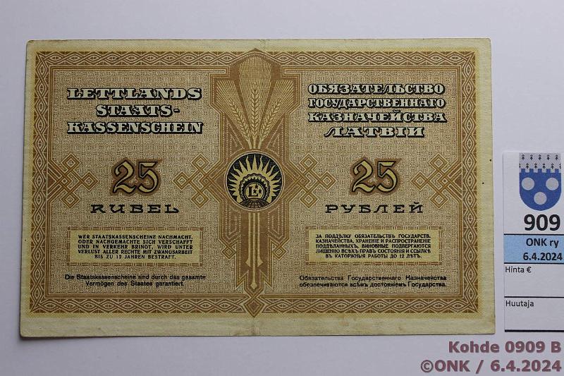 k-0909-b.jpg - Kohde 909 (kuva 2/2), lhthinta: 15 € / myyntihinta: 38 € Latvia 25 rubli 1919 P#5h P 353895 Kalnings-Vanags, neulanreiki, kunto: 5