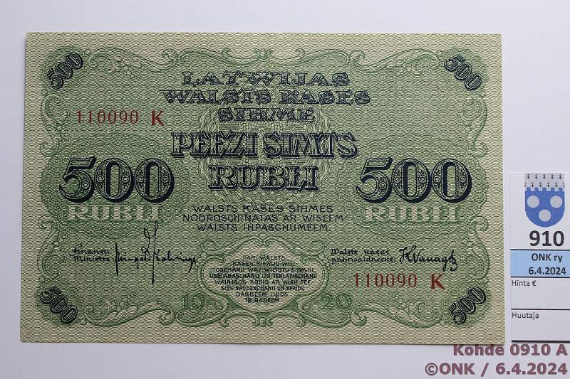 k-0910-a.jpg - Kohde 910 (kuva 1/2), lhthinta: 165 € / myyntihinta: 180 € Latvia 500 rubli 1920 P#8b 110090 K Kalnings-Vanags, kunto: 5