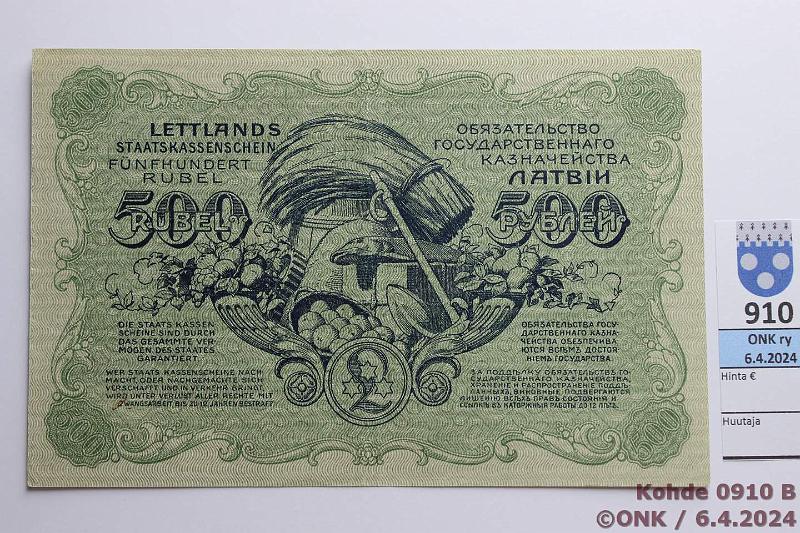 k-0910-b.jpg - Kohde 910 (kuva 2/2), lhthinta: 165 € / myyntihinta: 180 € Latvia 500 rubli 1920 P#8b 110090 K Kalnings-Vanags, kunto: 5