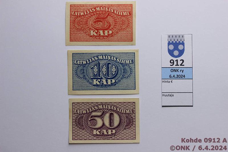 k-0912-a.jpg - Kohde 912, lhthinta: 15 € / myyntihinta: 16 € Latvia 5, 10, 50 kapeikas ND(1920) P#9, 10, 12, kunto: 9