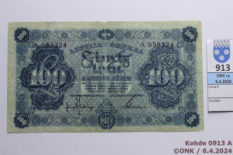 k-0913-a.jpg - Kohde 913 (kuva 1/2), lhthinta: 125 € / myyntihinta: 150 € Latvia 100 latu 1923 P#14a A 058324 Kalnings-Schwede, rep, reiki, kunto: 4