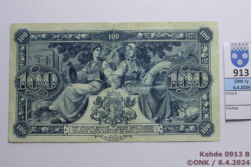 k-0913-b.jpg - Kohde 913 (kuva 2/2), lhthinta: 125 € / myyntihinta: 150 € Latvia 100 latu 1923 P#14a A 058324 Kalnings-Schwede, rep, reiki, kunto: 4