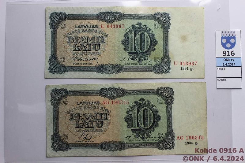 k-0916-a.jpg - Kohde 916 (kuva 1/2), lhthinta: 35 € / myyntihinta: 38 € Latvia 10 latu 1934 P#25d, 25f U 043967 Rimbenieks-Skujevics, AG 196345 Ekis-Skujevics, tahroja, kunto: 4