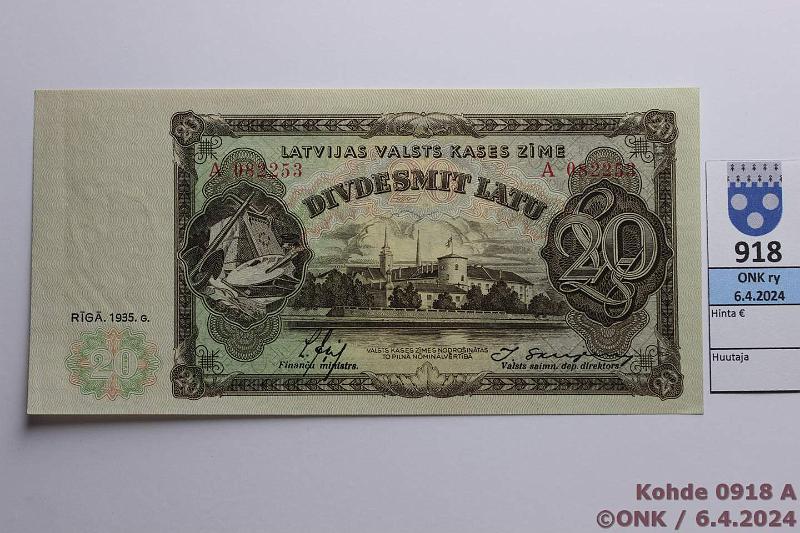 k-0918-a.jpg - Kohde 918 (kuva 1/2), lhthinta: 75 € / ei tarjouksia Latvia 20 latu 1935 P#30a A 082253 Ekis-Skujevics, kunto: 8